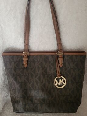 Michael Kors Brown and Tan Signature MK Tote with Gold Charm